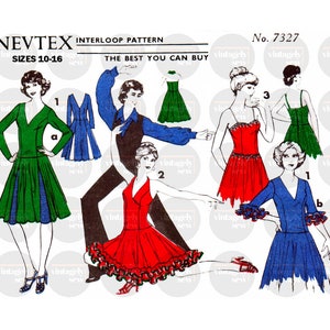 May include: A vintage sewing pattern for four different dresses. The pattern is called "Nevtex Interloop Pattern" and the number is 7327. The pattern is for sizes 10-16. The dresses are all different colors and styles. One dress is green, one is red, one is blue, and one is a halter style.