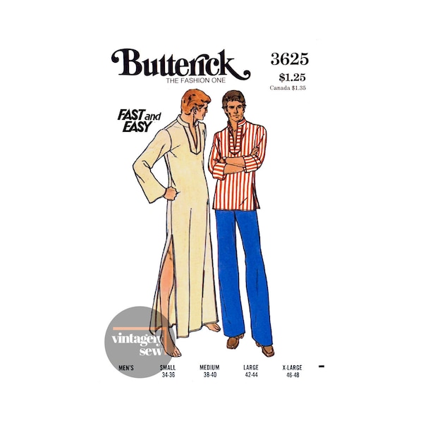 70s Men's Long Sleeve Caftan or Top, Size 34-36, 38-40, 42-44 or 46-48, Butterick 3625, Vintage Sewing Pattern Reproduction