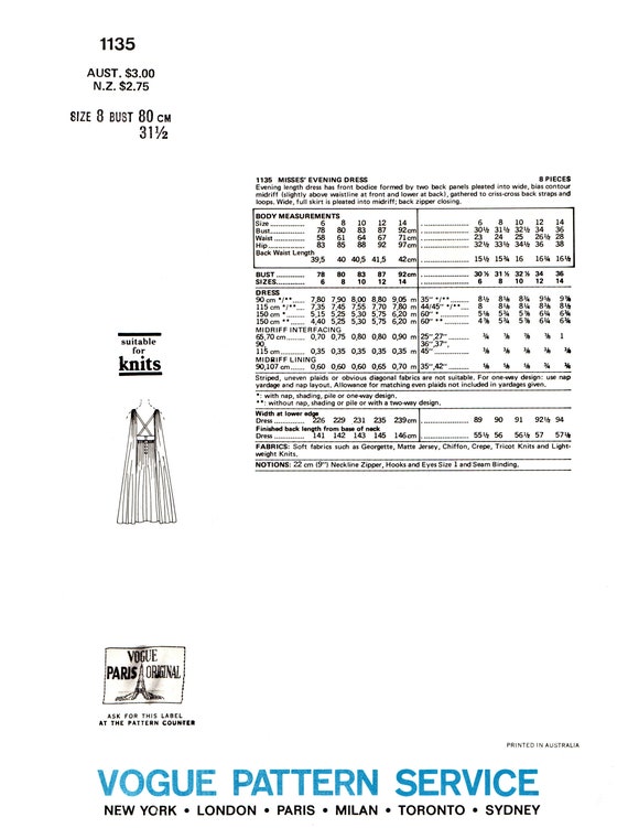 70s Evening Goddess Dress, Bust 31.5 80 Cm, 32.5 83 Cm or 34 87 Cm Vogue  Paris Original 1135, Vintage Sewing Pattern Reproduction 
