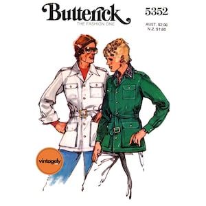 May include: Vintage sewing pattern for two jackets, one white and one green, with a model wearing each jacket. The pattern is from Butterick, the fashion one, and is number 5352. The price is listed as £2.00 in Australian dollars and £1.60 in New Zealand dollars.