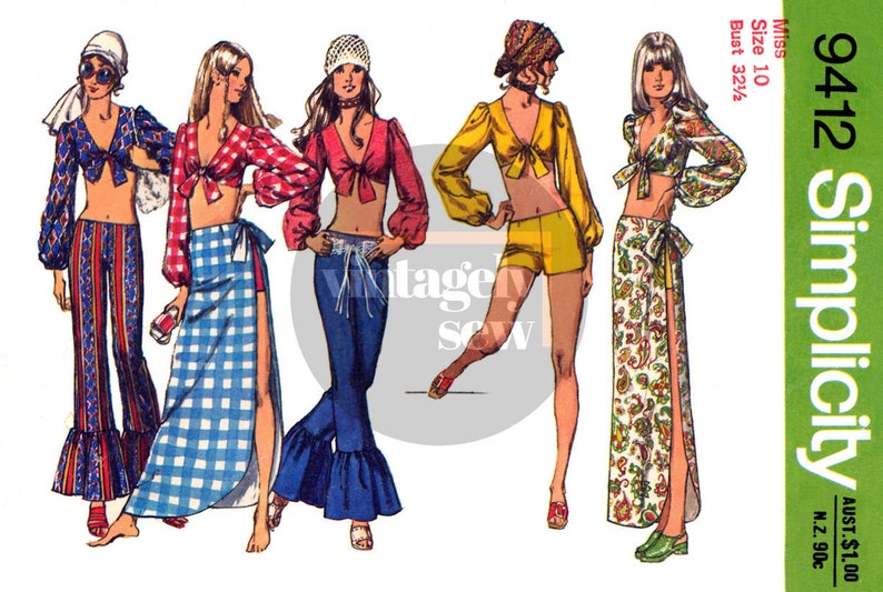 70s Music Festival Hip Hugger Pants, Shorts, Tops & Wrap Skirt, Bust 32.5 83 cm or 34 87 cm, Simplicity 9412 Sewing Pattern Reproduction bust 32.5 (83 cm)