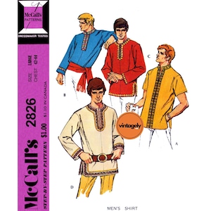 70s Men's Dashiki Trimmed Shirt with Long or Short Sleeves, Chest 42-44 (107-112 cm), McCall's 2826, Vintage Sewing Pattern Reproduction