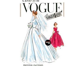 50s Classic Bride or Bridesmaid's Dress with Long or Short Sleeves, Bust 32 or 36, Vogue Special Design S-4747 Sewing Pattern Reproduction