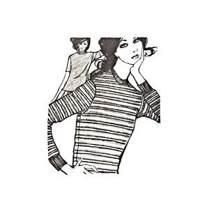 May include: A black and white illustration of a woman wearing a striped sweater. The woman is looking to the side and has her hand on her chin.