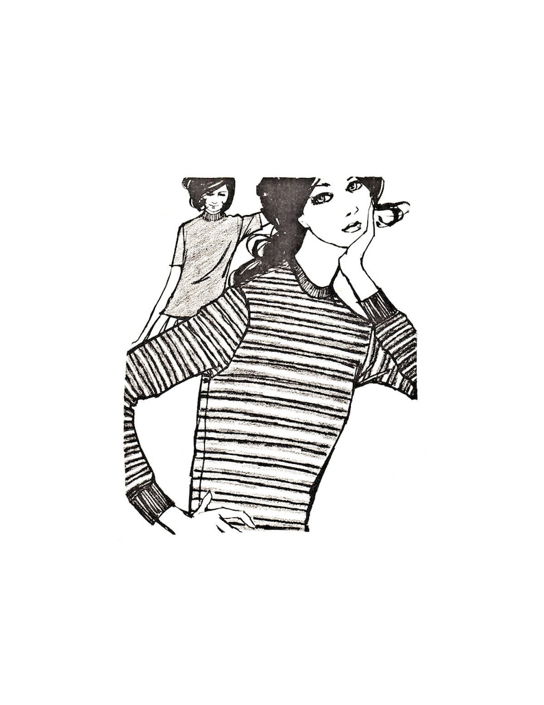 May include: A black and white illustration of a woman wearing a striped sweater. The woman is looking to the side and has her hand on her chin.