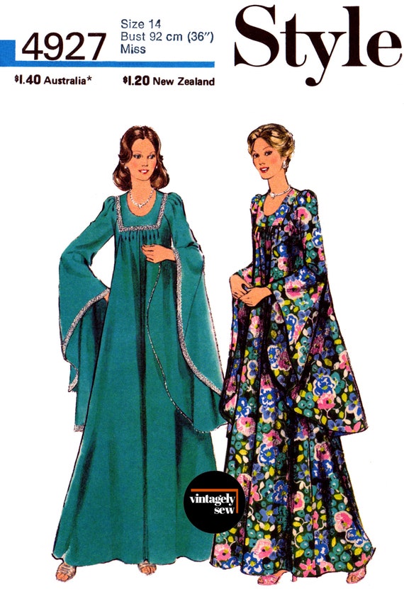 70s Evening Caftan With Godet Sleeves, Bust 32.5 83 Cm, 34 87 Cm or 36 92 Cm,  Style 4927, Vintage Sewing Pattern Reproduction 