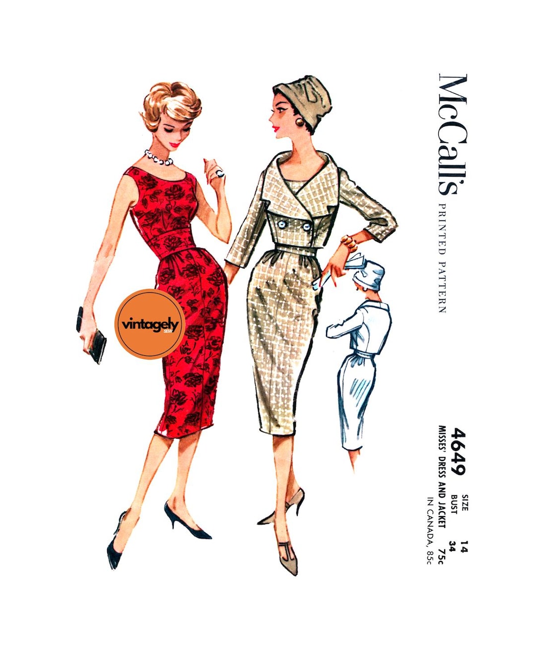 50s Midriff Waist Sheath Dress and Jacket, Bust 34 (87 Cm), Mccall's ...