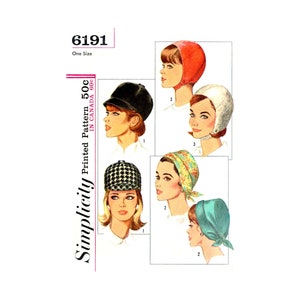 May include: Simplicity sewing pattern number 6191, one size, printed pattern 50c, in Canada 60c. The pattern shows five different styles of hats, including a black beret, a black and white checked hat, a red hat, a white hat, and a blue hat.