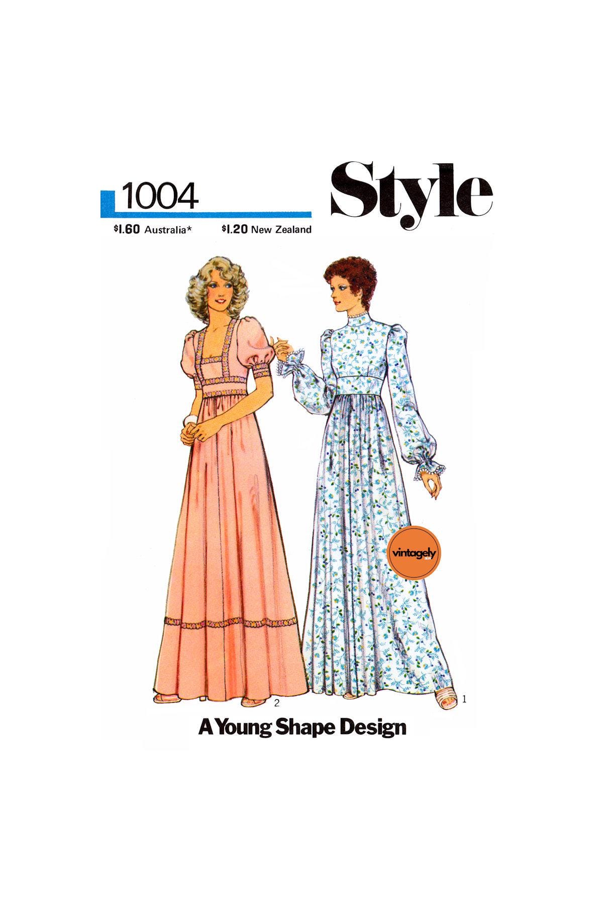 70s Prairie Dress with Long or Short Sleeves, Bust 34 (87 cm) or 38 (97 cm), Style 1004, Vintage Sewing Pattern Reproduction