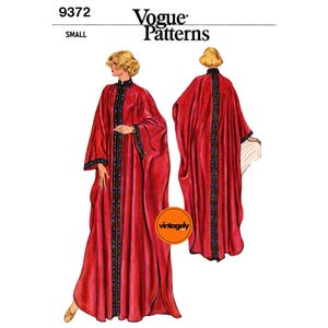 May include: Vogue Patterns sewing pattern showing a red, floor-length robe with black and gold trim. The pattern includes front and back views of the robe. The text "9372" and "SMALL" are visible, along with the Vogue Patterns logo.