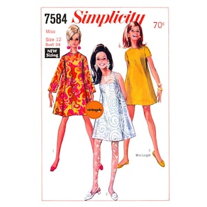 May include: Vintage Simplicity sewing pattern featuring three dresses. The dresses are shown in a variety of styles and colors, including a red and orange patterned dress, a white lace dress, and a yellow dress. The pattern is for Misses size 12, bust 34.