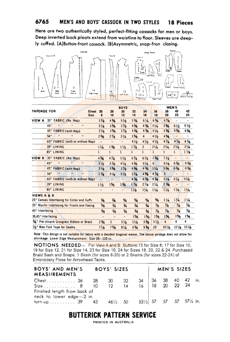 50s Men's or Boy's Cassock in Two Styles, Various Sizes, Butterick 6765 ...