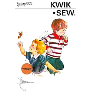 May include: A vintage sewing pattern for children's clothing, featuring two boys wearing striped shirts and pants. The pattern is labeled "Kwik-Sew" and is for ages 1-2-3. The pattern number is 805.