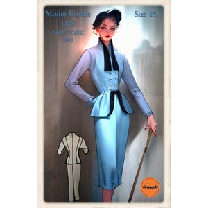 May include: A vintage illustration of a woman wearing a light blue suit with a black belt and a black scarf. The illustration is from Modes Royale, 1113 New York, 1952. The illustration is for size 16.