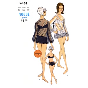 May include: Vintage Vogue sewing pattern number 6468 for a sheer top and a swimsuit. The pattern is for size 14 with a bust measurement of 34 inches and a hip measurement of 36 inches. The pattern costs $1.00.