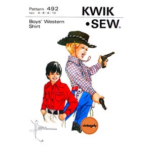 May include: A vintage sewing pattern for a boys' Western shirt. The pattern is for ages 4-6-8-10 and is from the Kwik-Sew brand. The pattern features two boys wearing the shirt, one with a cowboy hat and toy gun.
