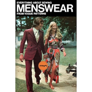 May include: A vintage magazine cover featuring a couple in 1970s fashion. The cover text reads "Everything About Sewing Menswear From Vogue Patterns".