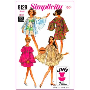 May include: A vintage Simplicity sewing pattern for a dress with a bell sleeve. The pattern is for sizes 8-10 and is called "Jiffy" easy cut easy sew. The pattern shows three different styles of dresses, one in blue, one in pink, and one in floral print.