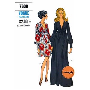 60s Empire Waistline Dress in Two Lengths with Deep V-Neckline, Various Sizes, Vogue 7630, Sewing Pattern Reproduction