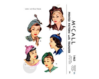 40s Women's Berets in Three Styles, Head Size 22" (56 cm) McCall's 1463, Vintage Sewing Pattern Reproduction