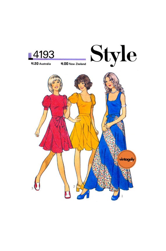 70s Two Piece Swirl Skirt Dress in Two Lengths, Bust 34 (87 cm) or 36 (92  cm), Style 4193, Vintage Sewing Pattern Reproduction