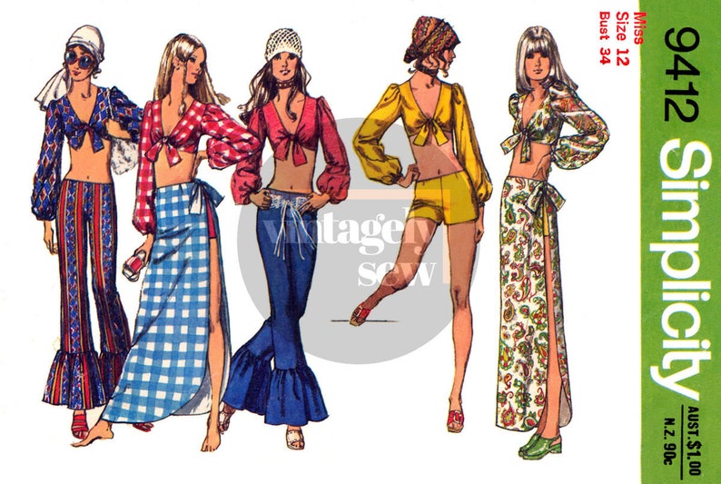 70s Music Festival Hip Hugger Pants, Shorts, Tops & Wrap Skirt, Bust 32.5 83 cm or 34 87 cm, Simplicity 9412 Sewing Pattern Reproduction bust 34 (87 cm)