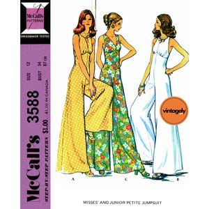 May include: A vintage McCall's sewing pattern for Misses' and Junior Petite jumpsuits. The pattern features three jumpsuit designs: a yellow polka-dot, a floral print, and a white jumpsuit. The pattern size is 12, with a bust measurement of 34 inches.