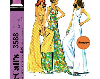 May include: A vintage McCall's sewing pattern for Misses' and Junior Petite jumpsuits. The pattern features three jumpsuit designs: a yellow polka-dot, a floral print, and a white jumpsuit. The pattern size is 12, with a bust measurement of 34 inches.