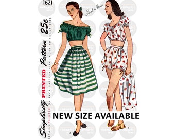 40s Wartime Era Women's Play Shorts, Midriff Top and Skirt, Bust 30 or 32" Simplicity 1621 Vintage Sewing Pattern Reproduction