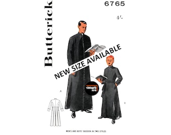 50s Men's or Boy's Cassock in Two Styles, Chest Size 30 (76.5 cm), 36 (91 cm) or 38 (97 cm), B6765 Vintage Sewing Pattern Reproduction