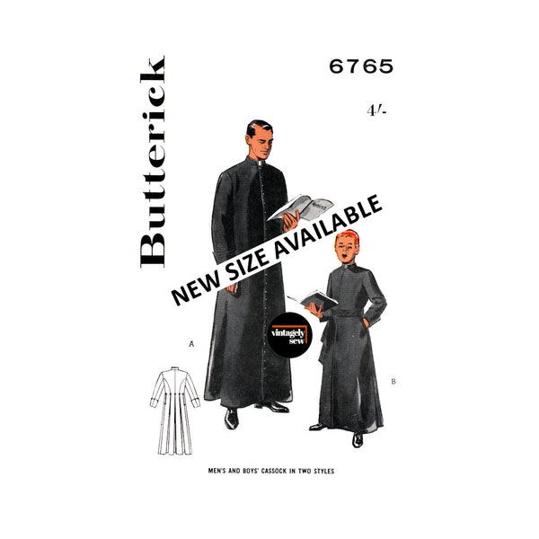 50s Men's or Boy's Cassock in Two Styles, Chest Size 30 (76.5 cm), 36 (91 cm) or 38 (97 cm), B6765 Vintage Sewing Pattern Reproduction