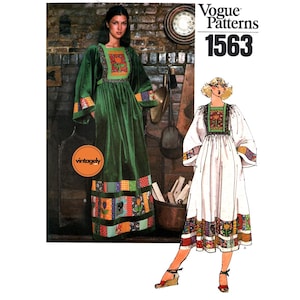 May include: A vintage Vogue Patterns 1563 sewing pattern featuring a long green velvet dress with colorful patchwork details. The dress has long sleeves and a square neckline with floral embroidery. A second dress in white is also shown.