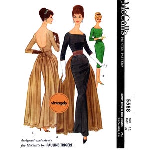 May include: Vintage McCall's sewing pattern for a dress in two lengths. The pattern is size 12, bust 32 inches. The pattern is designed by Pauline Trigère.