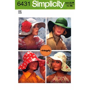 70s Wide Brimmed, Top Stitched Sun Hat, Adjustable One Size, Simplicity 6431, Vintage Sewing Pattern Reproduction