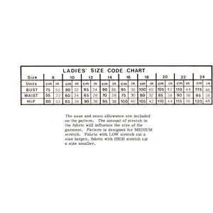 May include: A black and white size chart for women's clothing with measurements in inches and centimeters. The chart includes bust, waist, and hip measurements for sizes 8 through 24.