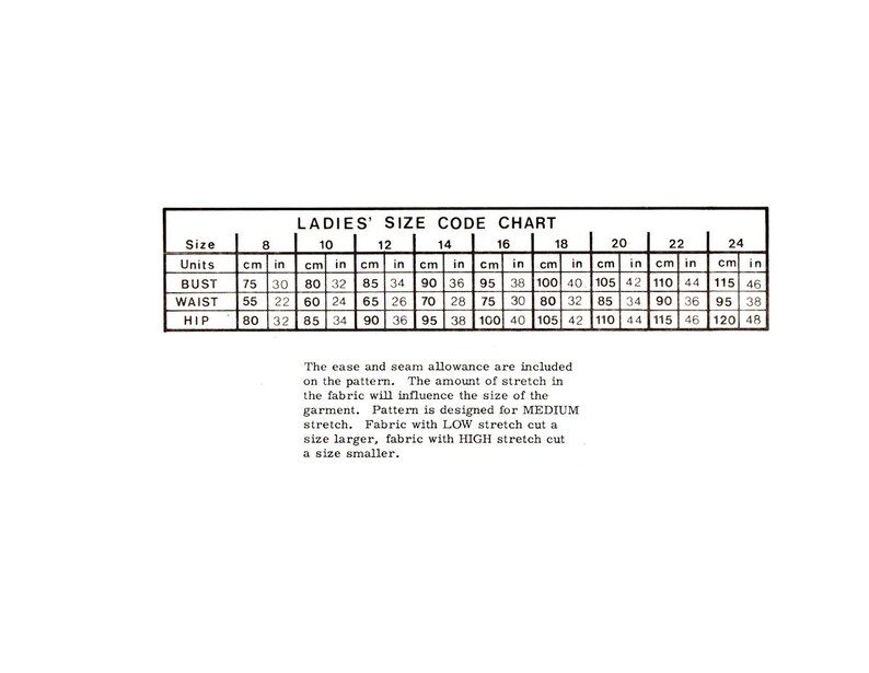 May include: A black and white size chart for women's clothing with measurements in inches and centimeters. The chart includes bust, waist, and hip measurements for sizes 8 through 24.