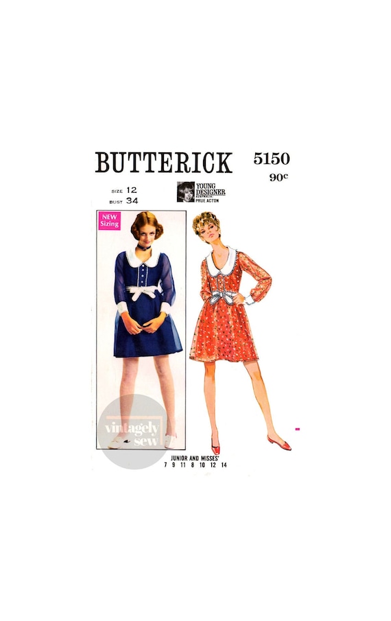 60s Babydoll Dress With U-neckline, Contrast Collar and Belt, Bust 34 87 Cm,  Butterick 5150, Vintage Sewing Pattern Reproduction 