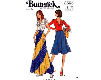 70s Bias Swirl Skirt in Two Lengths and Top, Butterick 3555, Size 12 Bust 34 Waist 36, Vintage Sewing Pattern Reproduction
