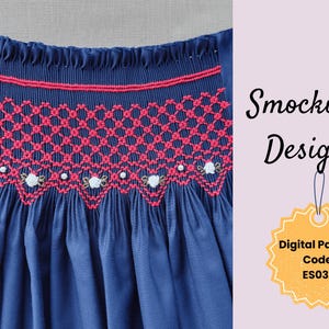 Könnte beinhalten: Nahaufnahme eines marineblauen Stoffes mit aufwendigen roten Smockdetails. Das Design umfasst ein geometrisches Muster und kleine weiße Blumenakzente. Das Bild enthält auch den Text "Smocking Design" und "Digital Pattern Code: ES036".