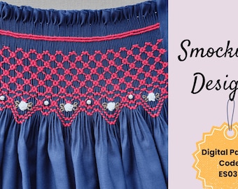 May include: Close-up of a navy blue fabric with intricate smocking detail in red thread. The design includes a geometric pattern and small white floral accents. The image also includes the text "Smocking Design" and "Digital Pattern Code: ES036".