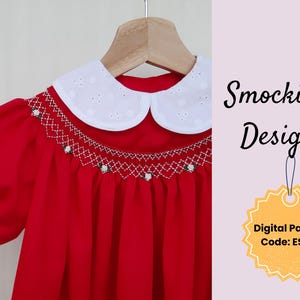 May include: A red dress with a white eyelet collar and sleeves, featuring intricate smocking details around the neckline. The dress is hanging on a wooden hanger. Text on the image reads "Smocking Design" and "Digital Pattern Code: ES013".