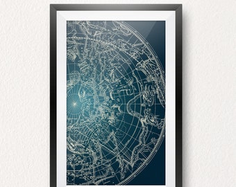 Mapa de la constelación, mapa de la estrella del hemisferio sur, viejo mundo, vintage, arte imprimible, descargable, cartel, impresión, arte de la pared, impresión digital