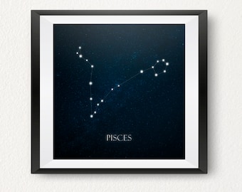 Mapa de la estrella de Piscis, Zodíaco, Mapa de la constelación, Vintage, Arte imprimible, Descargable, Cartel, Impresión, Arte de la pared, Impresión digital