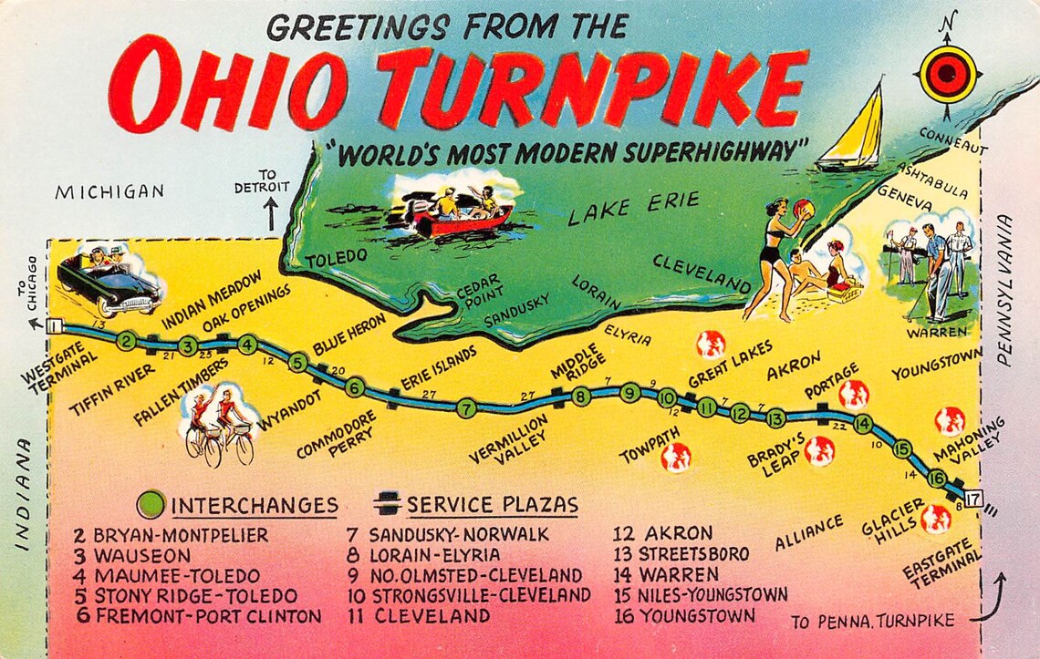 Ohio Turnpike State Map Vintage Postcard Superhighway Etsy