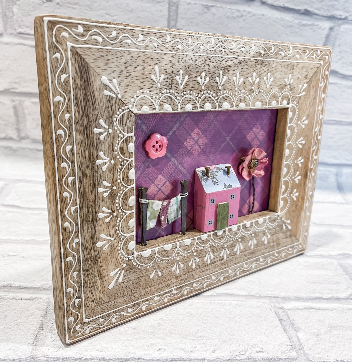 Wooden picture frame with house and garden scene Etsy