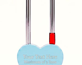Personalised Engraved Single Heart Padlock, in Baby Blue, with Long Shackle. Love Locks Custom Text. Engravable on both sides