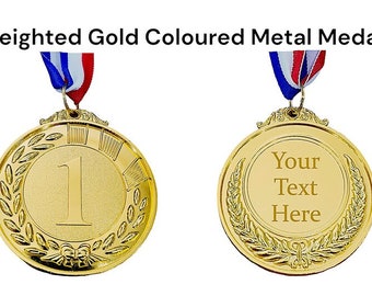 Personalised Engraved Gold Coloured Metal Medal With Number 1 Embossed. With Lanyard. Custom Text on Back. Any Text. Winner. Custom Award.