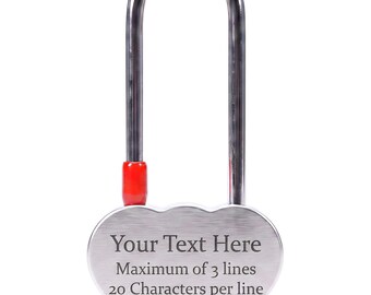 Personalised Engraved Double Heart Padlock, in Silver, with Long Shackle. Love Locks Custom Text. Engravable on both sides