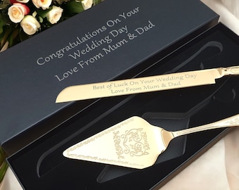 Luxury Personalised Engraved Decorative Wedding Cake Slice and Server Set. Wedding Gift Present. Gold Silver or Rose Gold