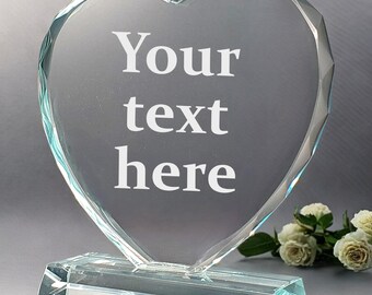 Personalised Heart Shaped Crystal Glass Heavy Award Trophy or Memorial Gift. Engraved. Presentation Box. Wedding Football Business
